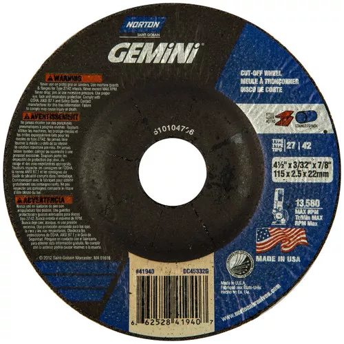Norton 66252841940 4-1/2x3/32x7/8 In. Gemini AO Right Angle Cut-Off Wheels, Type 27/42, 30 Grit, 25 pack